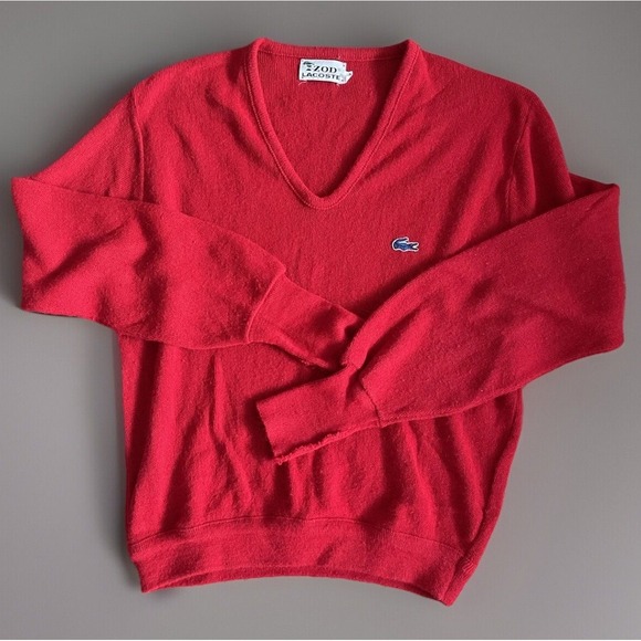 Izod Lacoste Vintage VTG Red V Neck Cardigan Grandpa Sweater Logo Medium JBHS - Picture 1 of 12